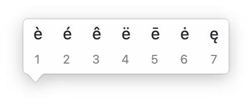 macOS character accent picker showing variants of the letter e