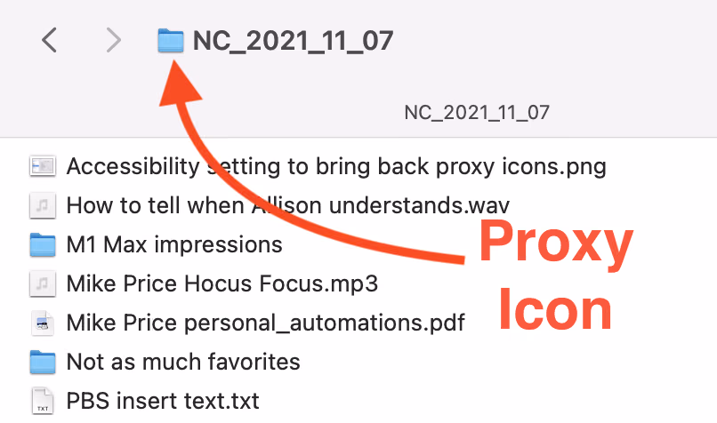 Finder window title showing a visible proxy icon next to the folder name