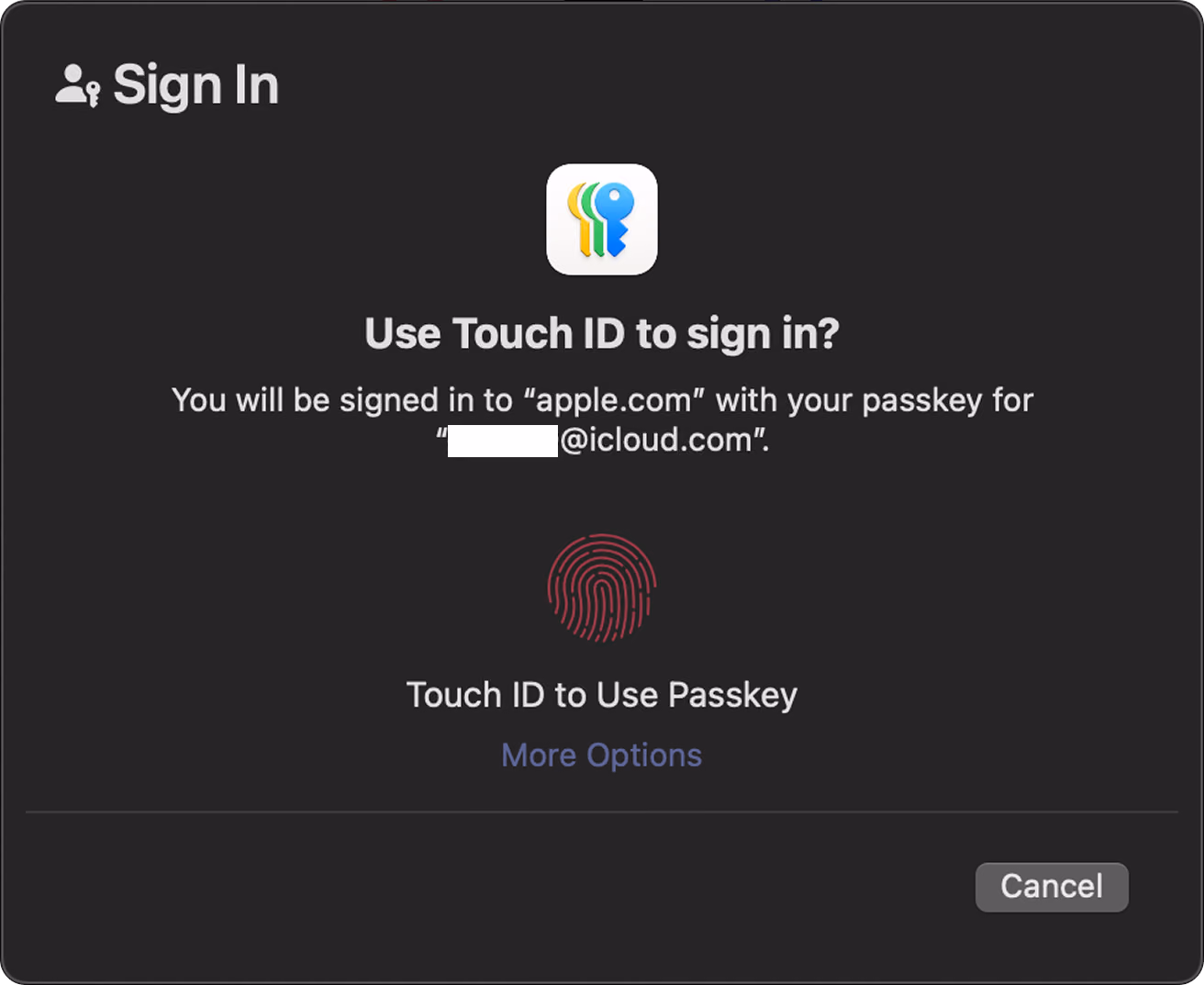 iCloud passkey dialog with patched Email